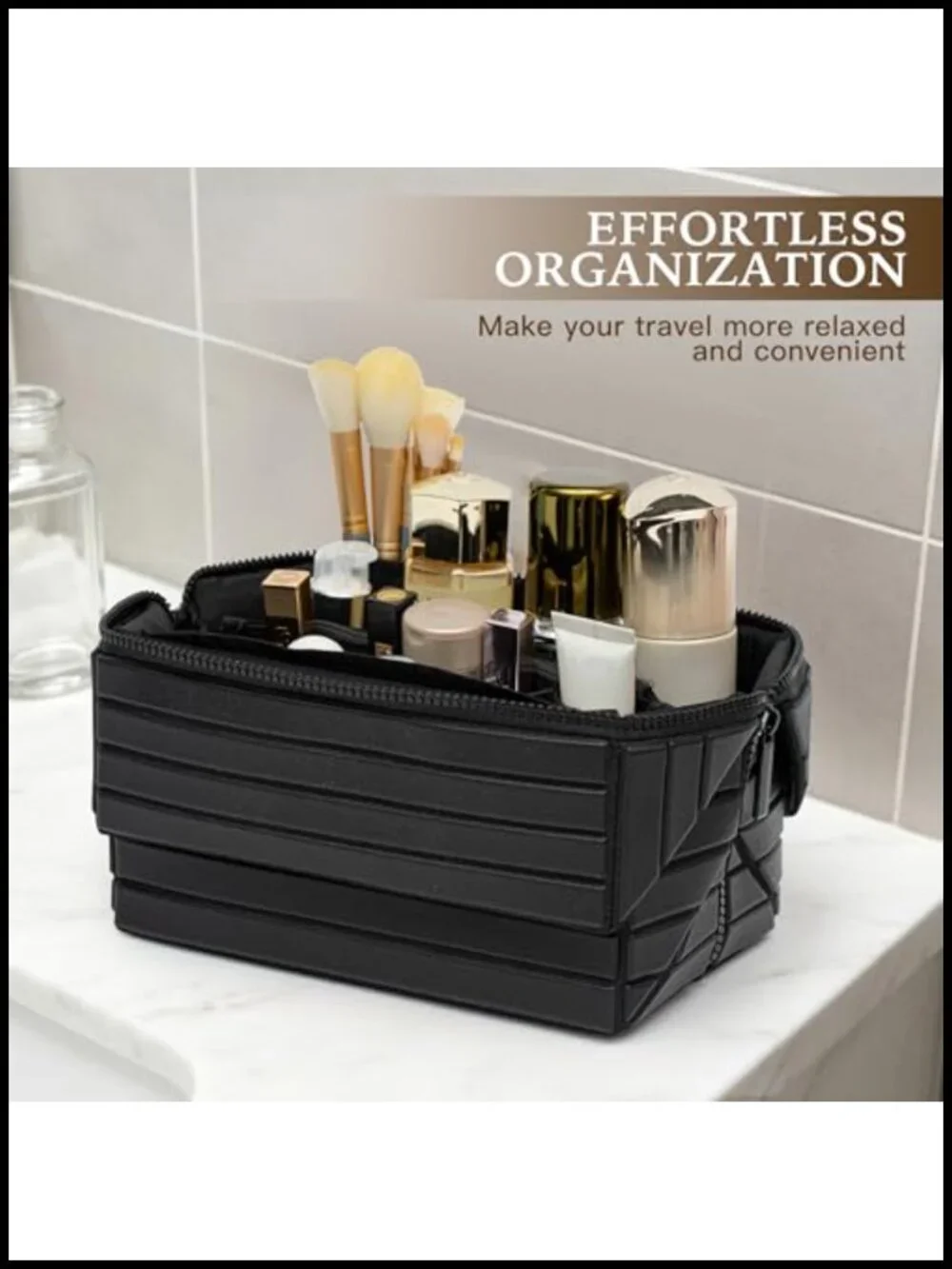 PU Leather Large Capacity Cosmetic Bag with Fold-Down Design and Adjustable
